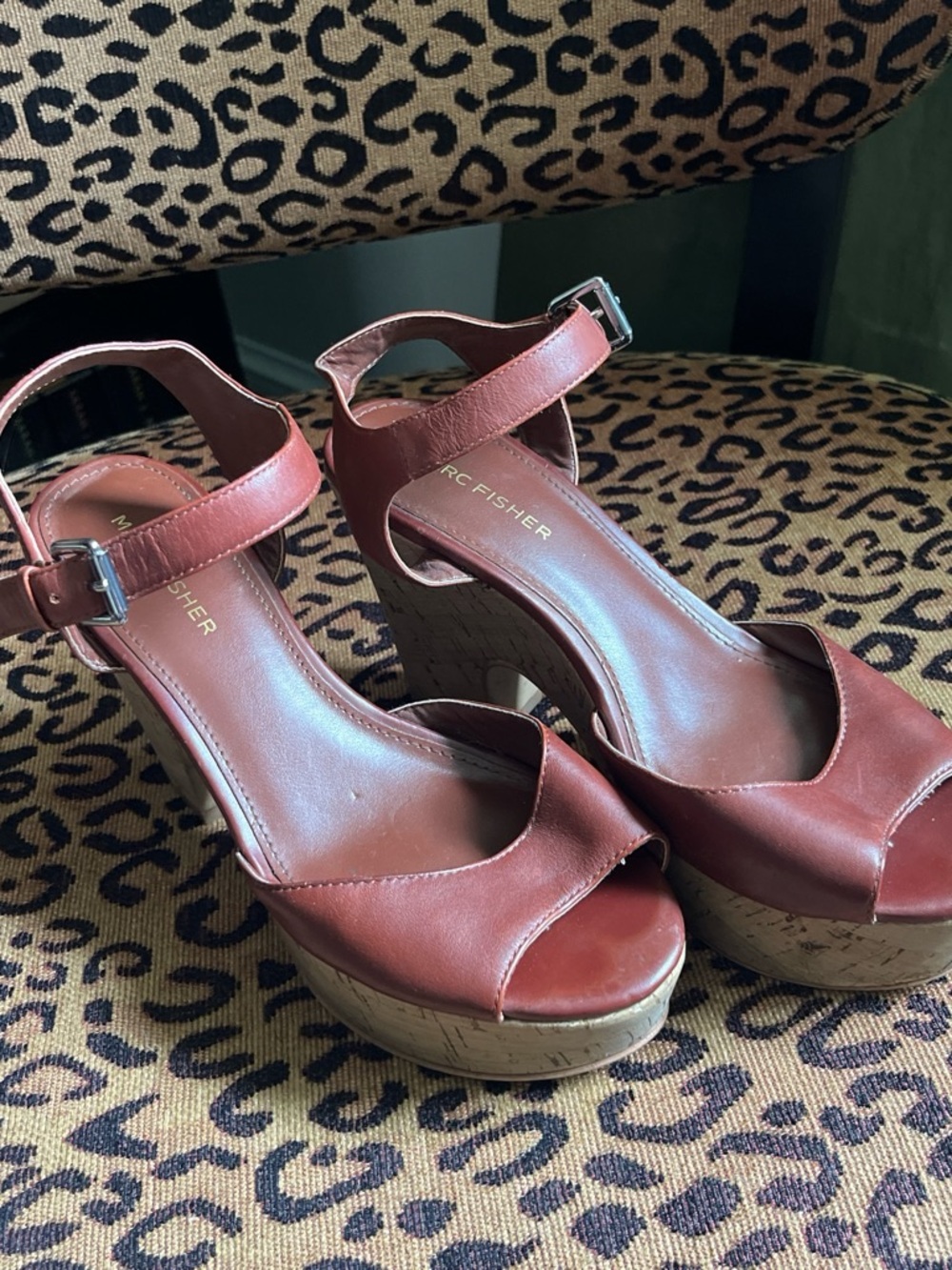 Marc Fisher Brick Brown Leather Platform Wedge Sandals